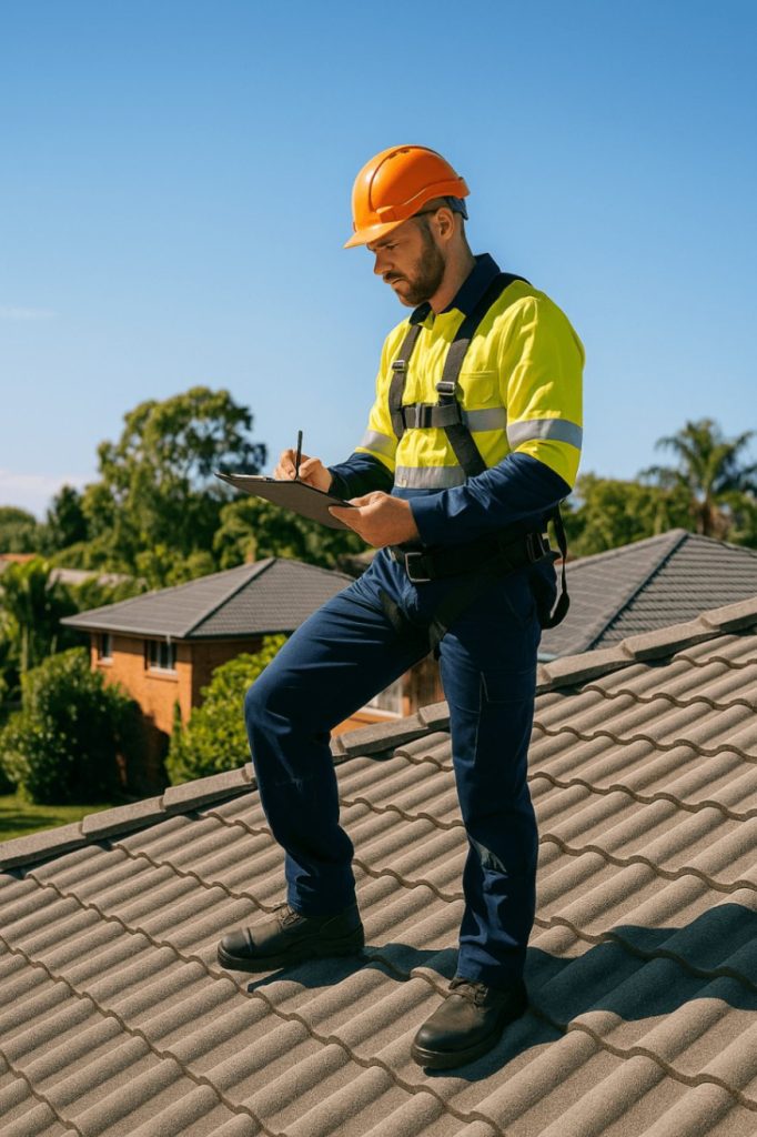 roof-inspection-redlands-tile-roof-specialist (1) (1) Roofer in high-vis inspecting a concrete tile roof on a suburban home in Redlands QLD