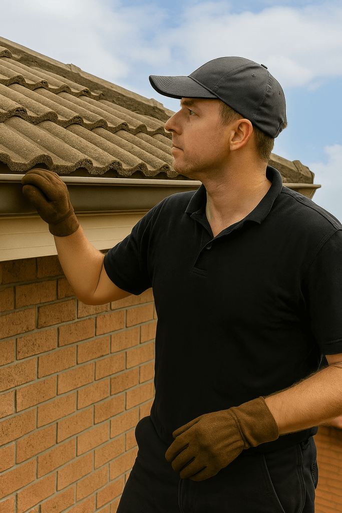 Roofer inspecting concrete tile roof in Chandler QLD during free roof inspection